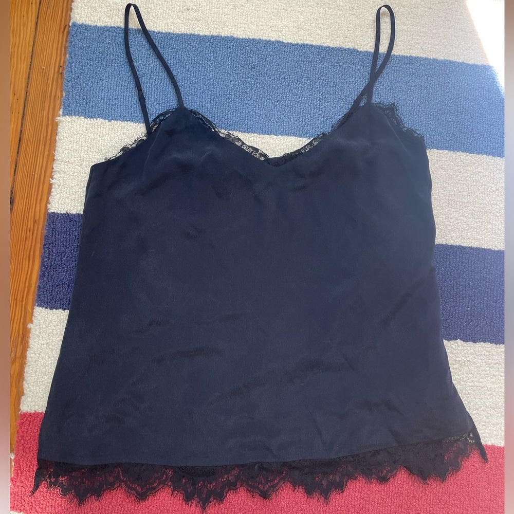 L'AGENCE Navy Lace Trim Cami 100% Silk